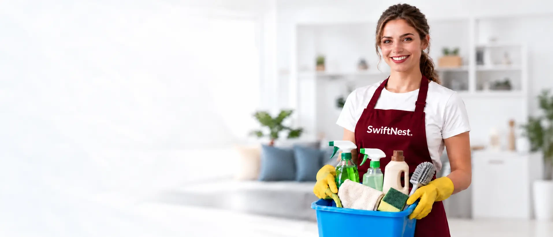 Professional cleaner holding cleaning supplies