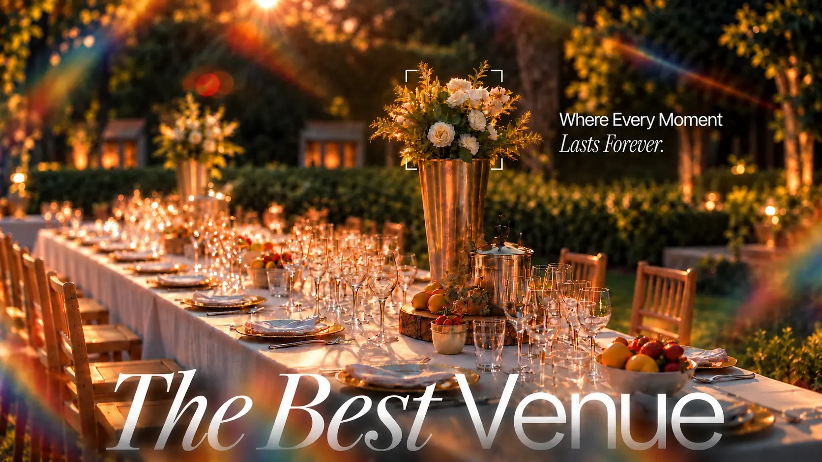 Elegant outdoor wedding banquet setup with long tables and floral decorations